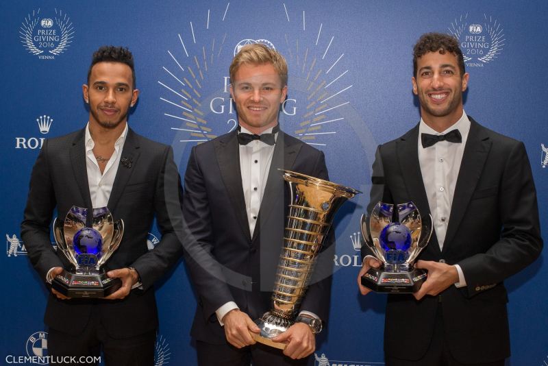 ROSBERG Nico (ger) Mercedes GP MGP W07 HAMILTON Lewis (gbr) Mercedes GP MGP W07 RICCIARDO Daniel (aus) Red Bull Tag Heuer RB12 ambiance portrait during the FIA Prize Giving at Vienna the december 02 2016 - Photo Clement Luck / DPPI