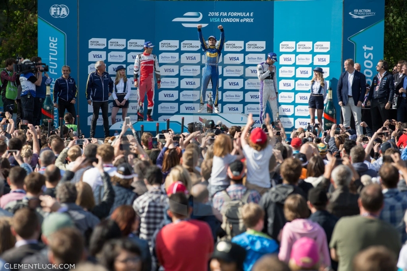 PROST Nicolas (Fra) Renault E.Dams Spark Renault Z.E.15 SENNA Bruno (Bra) Mahindra Racing Formula E Team Spark Mahindra M2Electro VERGNE Jean-Eric (Fra) Ds Virgin Racing Formula E Team Spark Virgin Dsv-01 Ambiance Portrait podium Race 09 during the 2016 Formula E championship, at London, England, from July 2 to 3 - Photo Clement Luck / DPPI