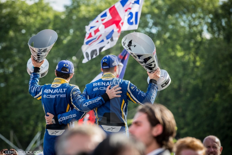 BUEMI Sebastien (Sui) Renault E.Dams Spark Renault Z.E.15 PROST Nicolas (Fra) Renault E.Dams Spark Renault Z.E.15 Ambiance Portrait podium race 10 during the 2016 Formula E championship, at London, England, from July 2 to 3 - Photo Clement Luck / DPPI