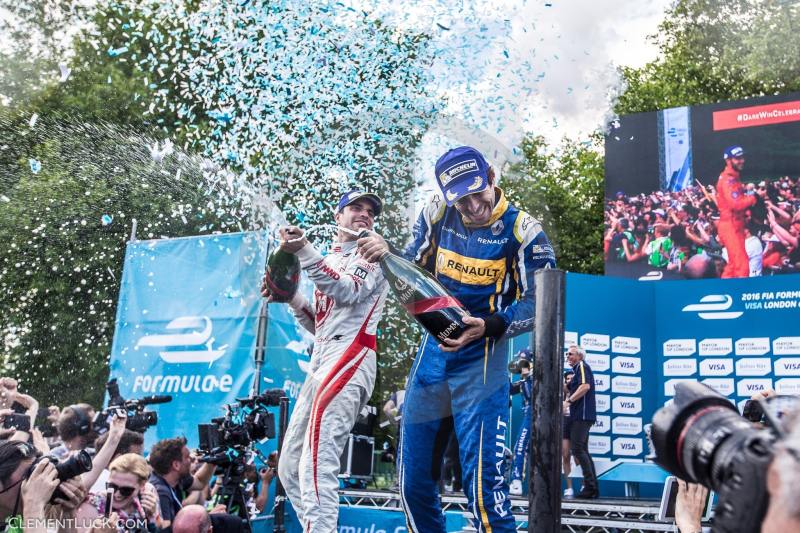 D_AMBROSIO Jerome (Bel) Dragon Racing Spark Venturi Vm200-Fe-01 PROST Nicolas (Fra) Renault E.Dams Spark Renault Z.E.15 Ambiance Portrait podium race 10 during the 2016 Formula E championship, at London, England, from July 2 to 3 - Photo Clement Luck / DPPI