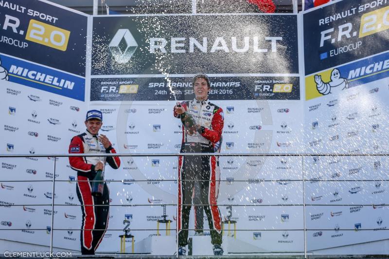 DE SADELEER Hugo (SUI) RENAULT FR 2.0L team TECH 1 RACING BOCCOLACCI Dorian (FRA) RENAULT FR 2.0L team TECH 1 RACING NORRIS Lando (GBR) RENAULT FR 2.0L team JOSEF KAUFMANN RACING ambiance portrait podium Race 1 during the 2016 Renault Sport series at Spa Francorchamps, Belgium, September 23 to 25 - Photo Clement Luck / DPPI