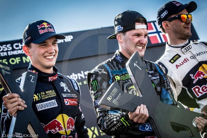 BAKKERUD Andreas NOR Hoonigan Racing Division Ford Focus RS HANSEN Timmy SWE Team Peugeot-Hansen Peugeot 208 EKSTRÖM Mattias SWE EKS Audi S1 Ambiance Portrait Podium during the Norway FIA WRX World Rallycross Championship 2016 at Hell on June 11 to 12 -  Photo Clement Luck / DPPI